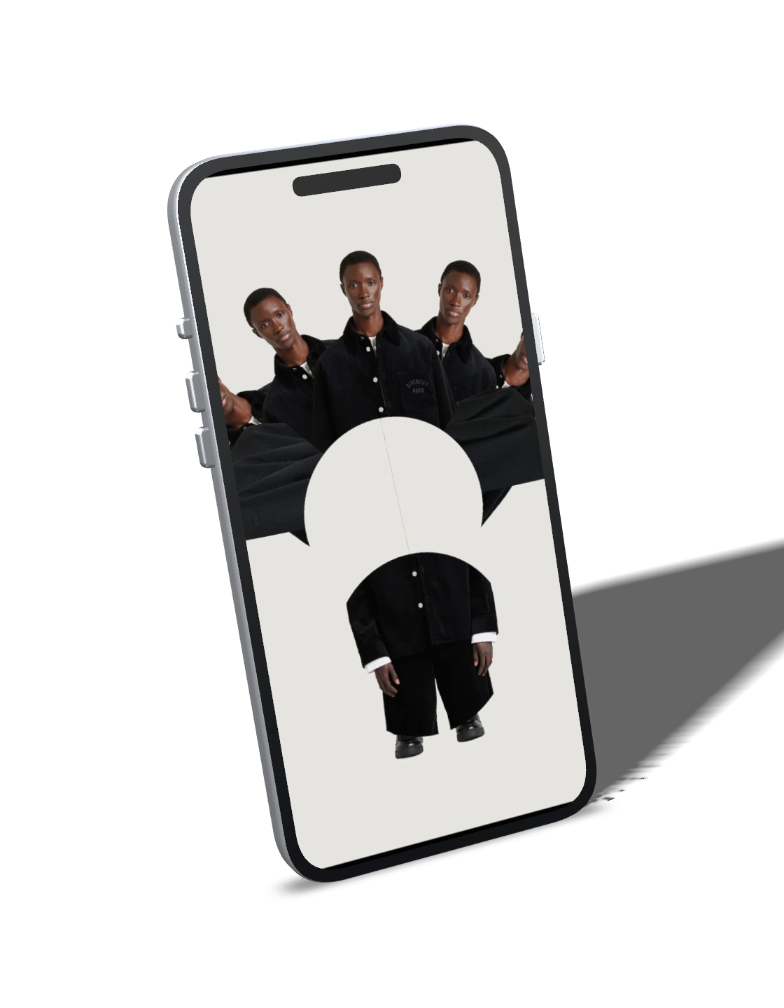 Fidget Book prototype on an angled iPhone, showing a fan of fashion figures
