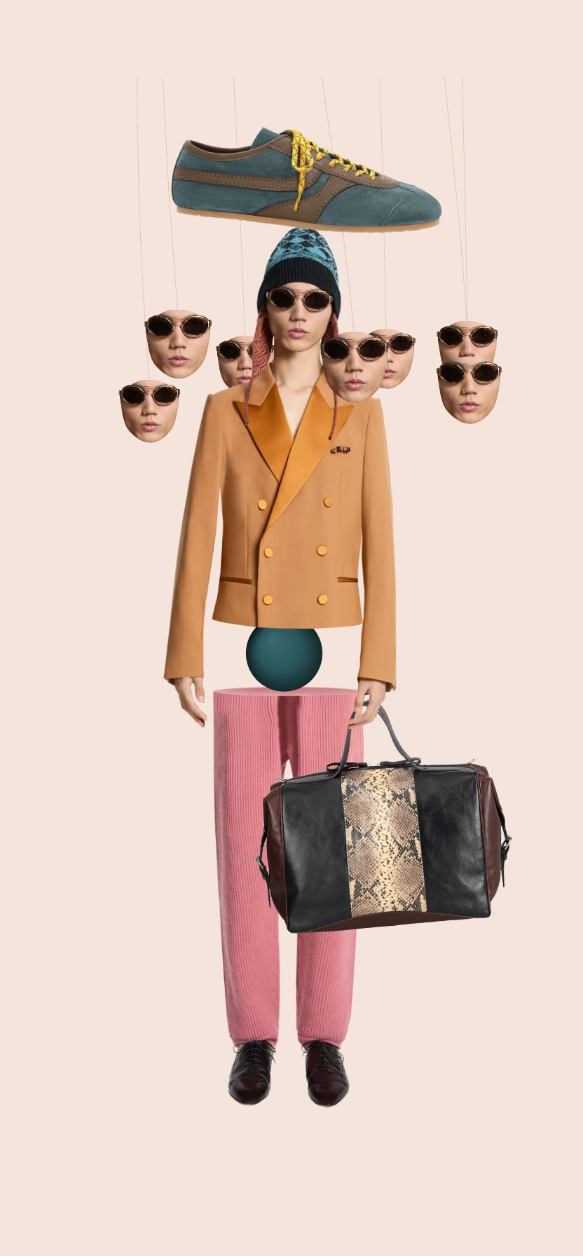 Fidget Book collage with suspended faces, a shoe and a bag